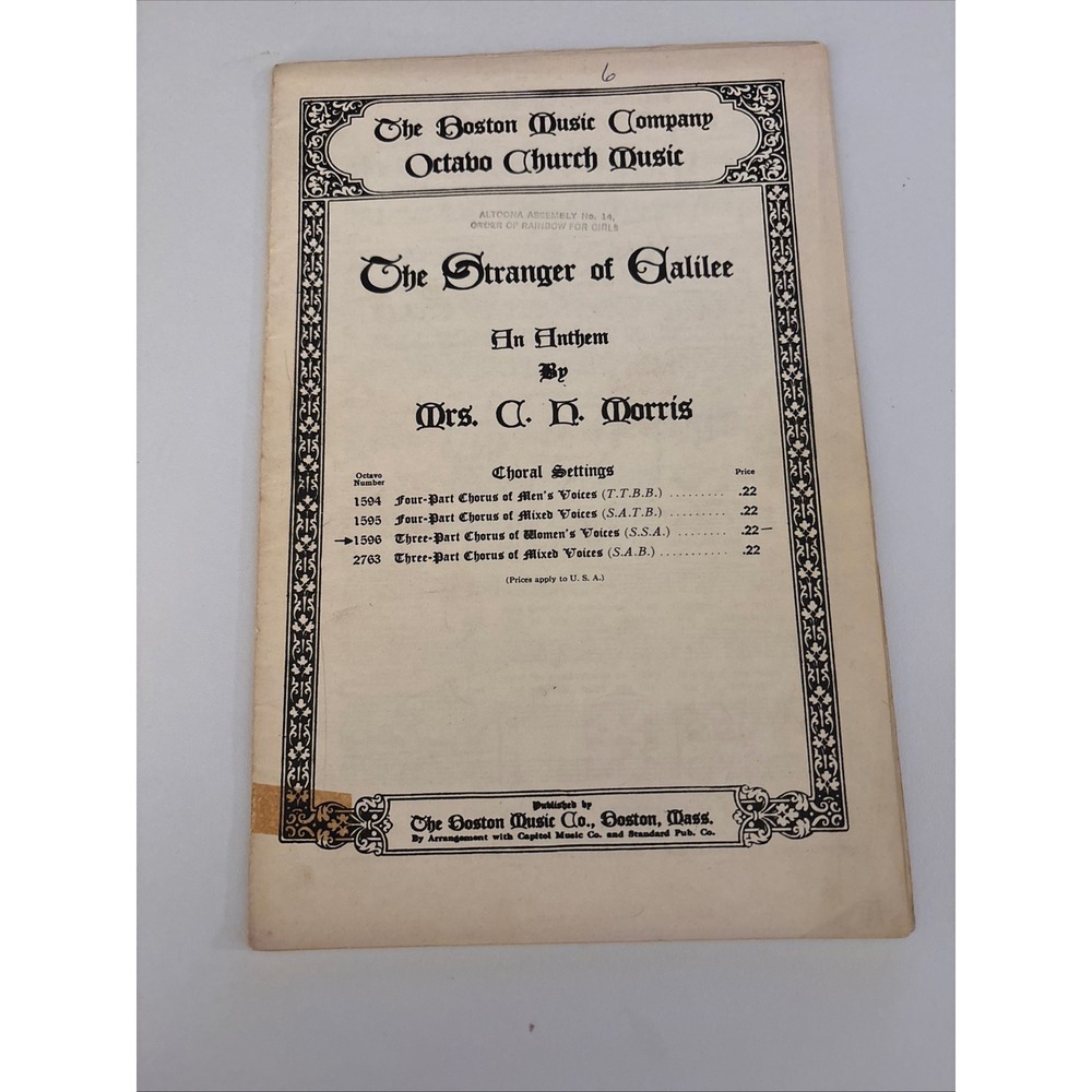The Stranger of Galilee Anthem by Mrs C. H. Morris Boston‎ Company Sheet Music